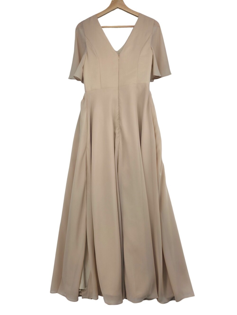 Lavetir Nude Beige Pleated Flutter Sleeve Formal Gown Side Slit Pockets NWT - Picture 8 of 16